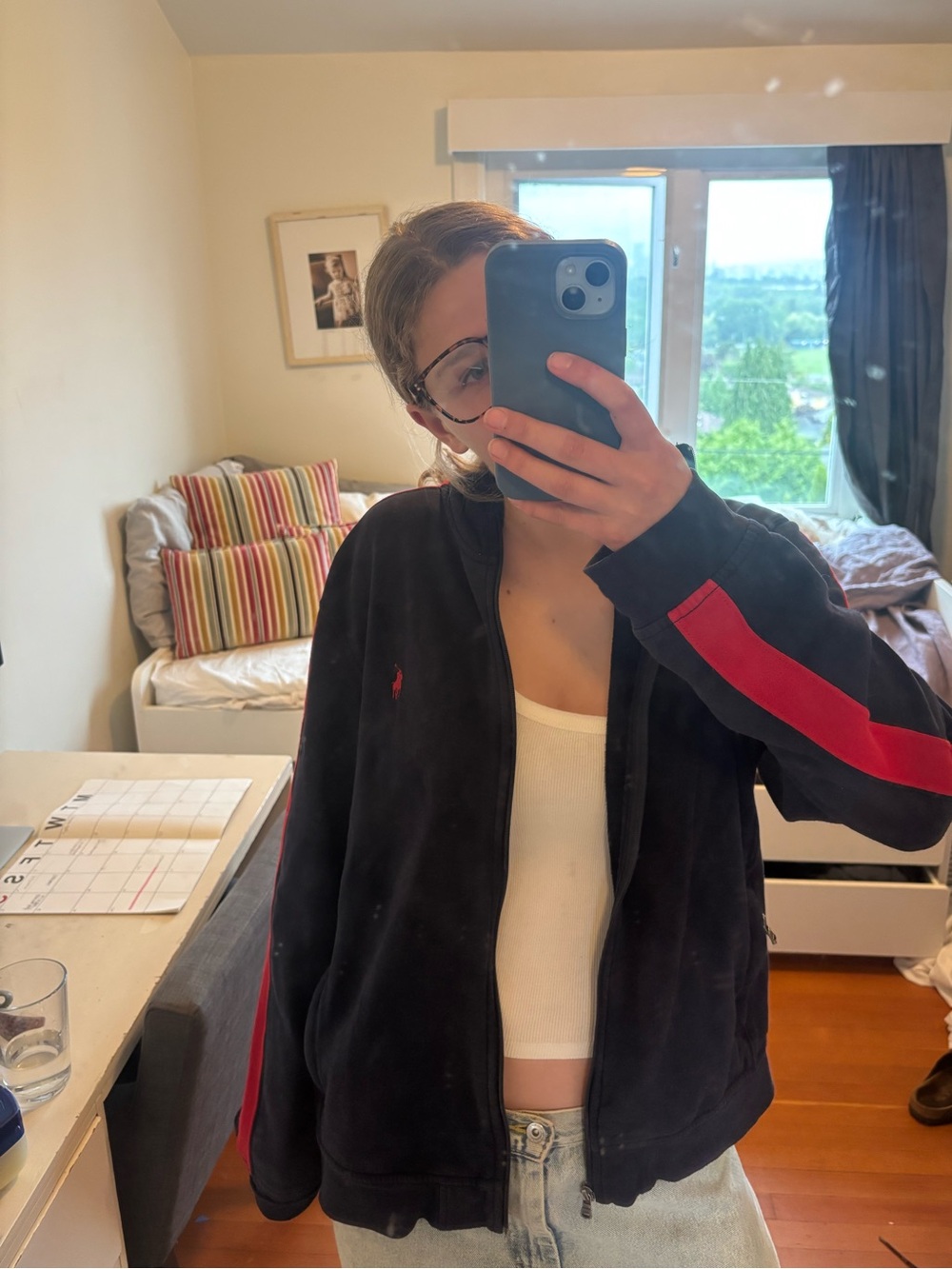 Navy Jacket with Red Stripe Casual Zip-Up